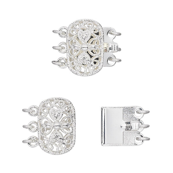 Clasp, 3-strand tab, silver-plated brass, 15x9mm filigree oval. Sold per pkg of 4. image number 0