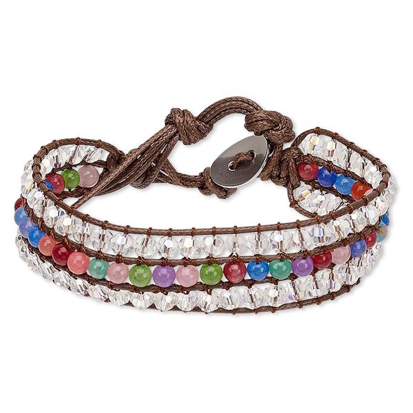 Bracelet, waxed cotton cord / glass / stainless steel, multicolored, 18mm wide, adjustable from 6-1/2 to 8-1/2 inches with button clasp. Sold individually. image number 0