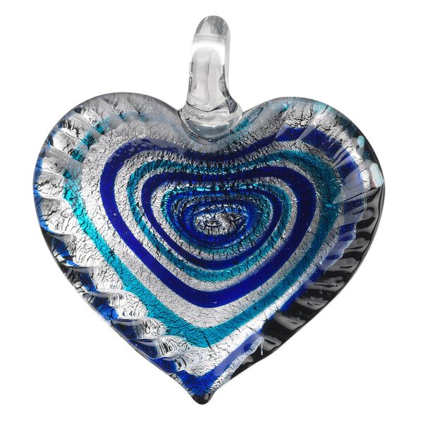 Pendant, lampworked glass, black / blue / dark blue with silver-colored foil, 42x40mm single-sided wavy heart with swirl design. Sold individually. image number 0