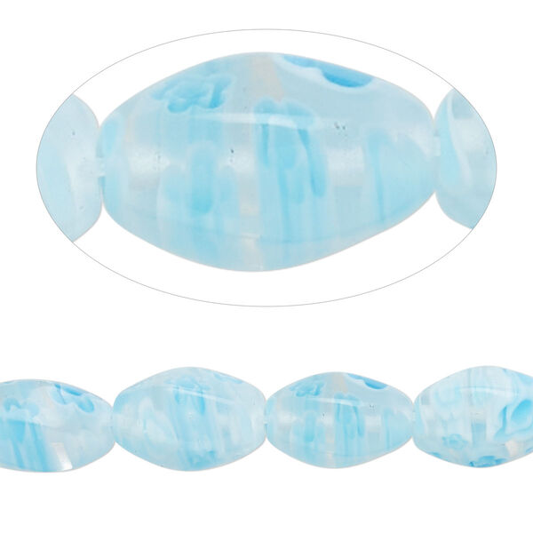 Bead, millefiori glass, translucent clear / light blue / white, 12x8mm 6-sided twisted oval with flower design. Sold per 14-inch strand. image number 0
