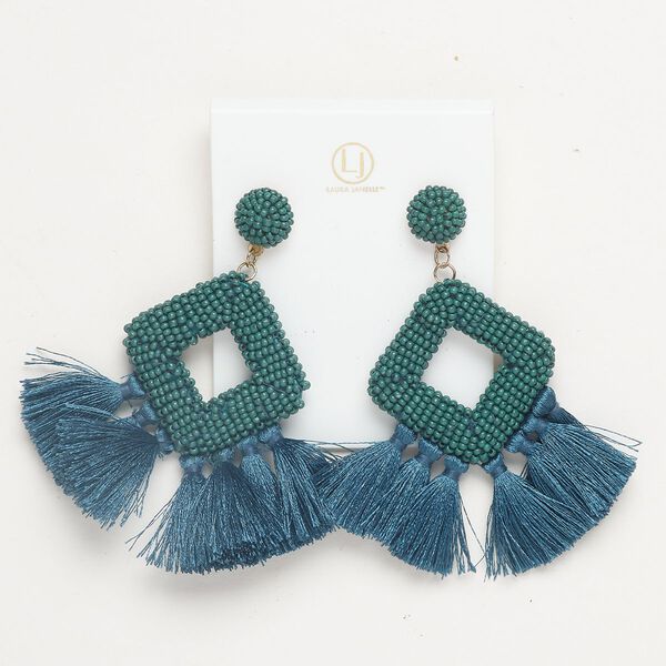 Earring 1pkg2 acrylic / nylon / gold-finished brass and stainless steel, teal green, 3 inches with beading and tassels with earstud, 1 pair. image number 0