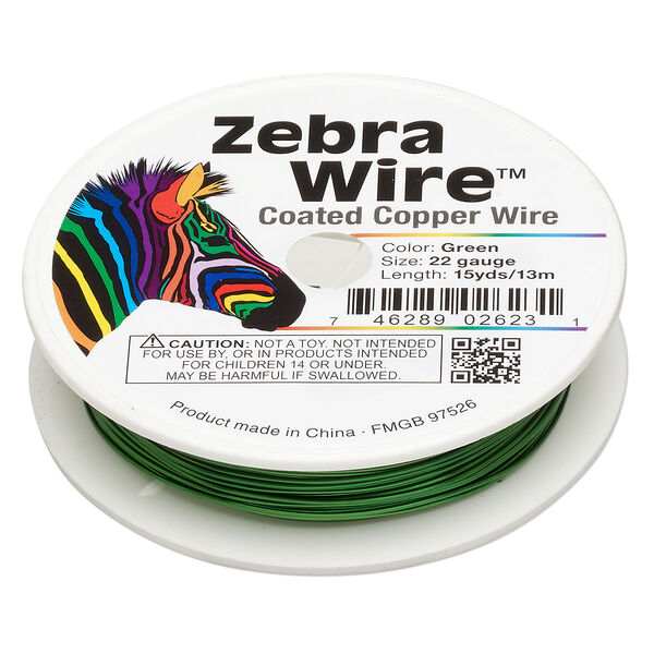 Wire, Zebra Wire™, color-coated copper, green, round, 22 gauge. Sold per 15-yard spool. image number 0