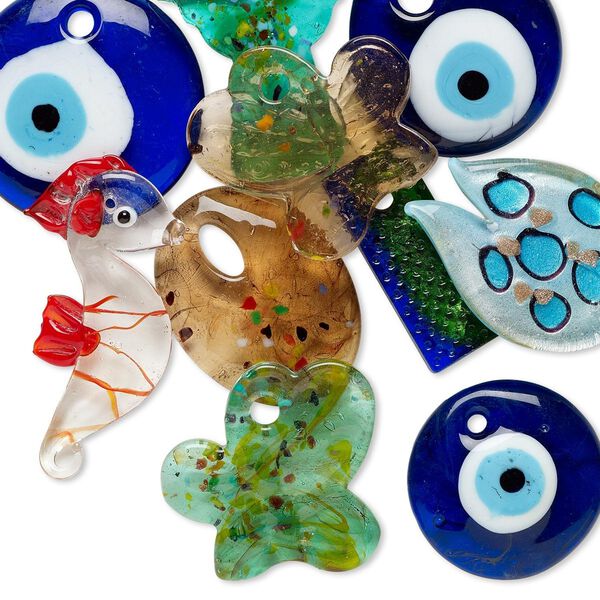 Focal mix, lampworked glass, mixed colors, 29mm-63x35mm mixed shape. Sold per pkg of 10. image number 0
