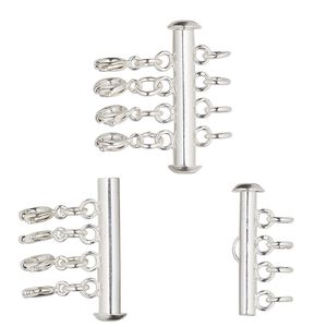 Clasp slide lock 1pkg10, 26.5x6mm round tube / 5mm jumpring / springring, silver-finished brass 4-strand