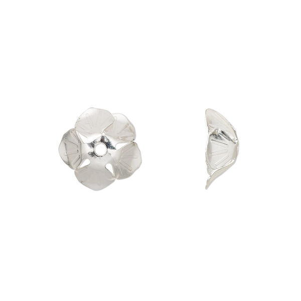 Bead cap, silver-finished copper, 11x4.5mm flower, fits 6-8mm round bead. Sold per pkg of 10. image number 0