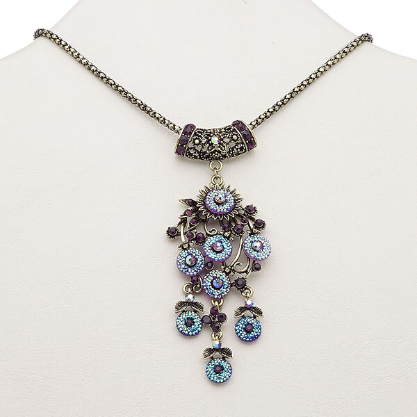 Necklace, resin / glass rhinestone / antique brass-plated steel / "pewter" (zinc-based alloy), peacock AB and dark purple, 4-1/4 inch dangle with floral design, 18 inches with 2-inch extender chain and lobster claw clasp. Sold individually. image number 0