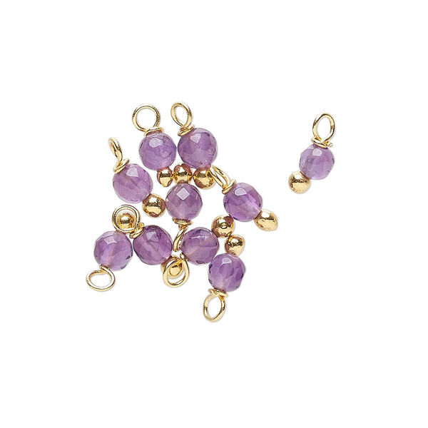 Drop, amethyst (natural) and gold-finished brass, 3x2mm with 2mm faceted round. Sold per pkg of 10. image number 0