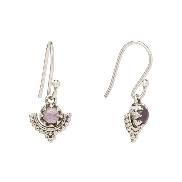 Ear wire, Create Compliments®, antiqued sterling silver and amethyst (natural), fishhook, 22m with 10mm single-sided beaded moon, 21 gauge. Sold per pair. image number 0