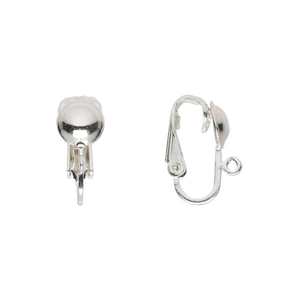 Earring, clip-on, sterling silver, 16mm hinged with 7mm half ball and open loop. Sold per pair. image number 0