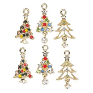 Charm, gold-finished "pewter" (zinc-based alloy) and enamel, multicolored, 22x14mm / 24x13mm / 24x13mm, 2 of each shape tree. Sold per pkg of 6.