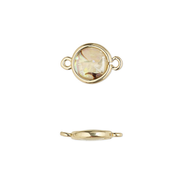 Link, paua shell and gold-finished brass (assembled), 9.5-10.5mm double-sided round. Sold per pkg of 4. image number 0