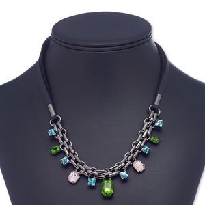 Necklace, leather (dyed) / glass / black-plated steel / "pewter" (zinc-based alloy), multicolored, rectangle, 16 inches with 2-inch extender chain and lobster claw clasp. Sold individually.