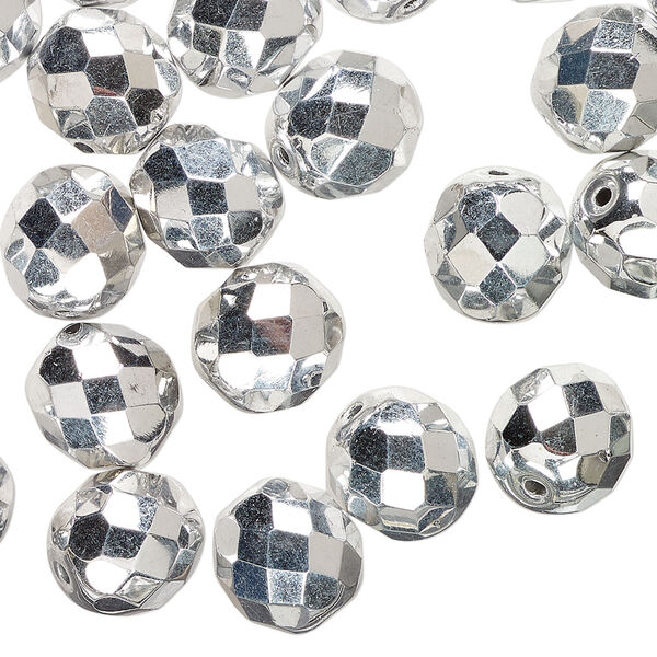 Bead 1pkg40 Czech fire-polished glass, metallic silver, 10mm faceted round. image number 0