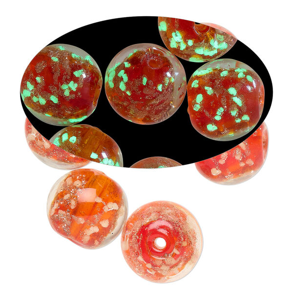 Bead, lampworked glass, clear / red / glow-in-the-dark / gold, 12mm round. Sold per pkg of 6. image number 0