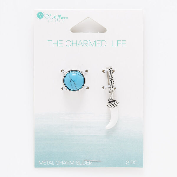 Slide mix, acrylic / silver- / antique silver-finished "pewter" (zinc-based alloy) / steel, blue and white, 13mm round and 34x7mm rectangle with tusk and 10.5x2.5mm hole. Sold per pkg of 2. image number 0