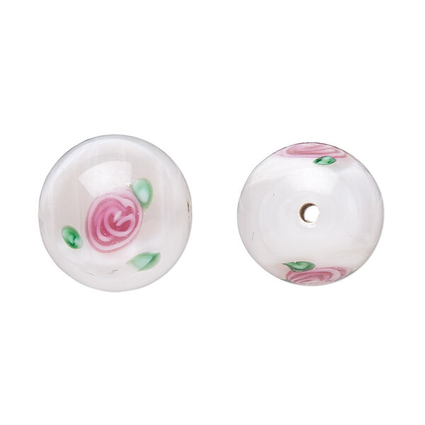 Bead, Czech lampworked glass, opaque white / pink / green, 12-13mm round with flower design. Sold per pkg of 4. image number 0