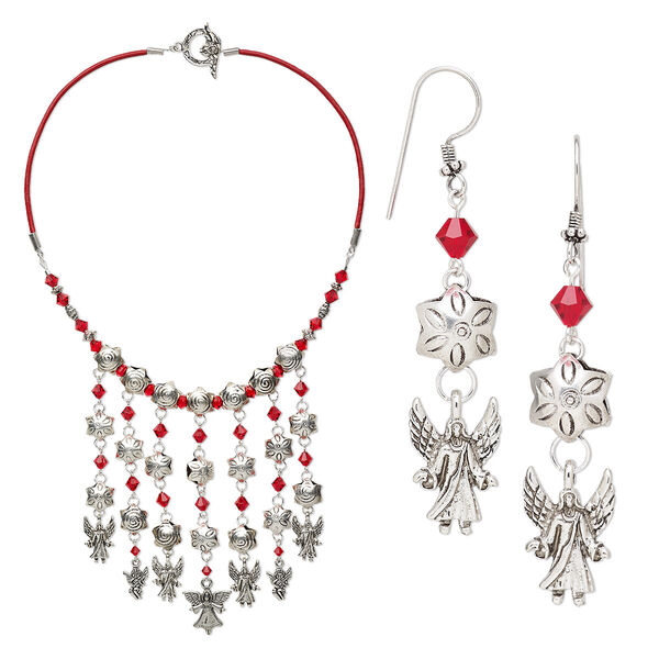 Necklace and earring set, One of a Kind Jewelry, crystal and antique silver-plated brass, light Siam, 18 inches. Only one available. image number 0