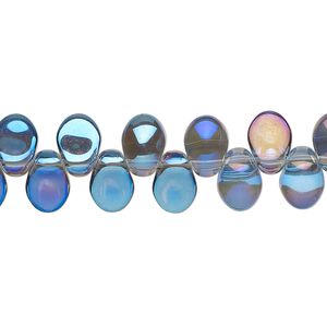 Bead, pressed glass, half-coated metallic blue and vitrail , 8 x 6mm concave-back teardrop, top-drilled. Sold per 8-inch strand, approximately 56 beads.