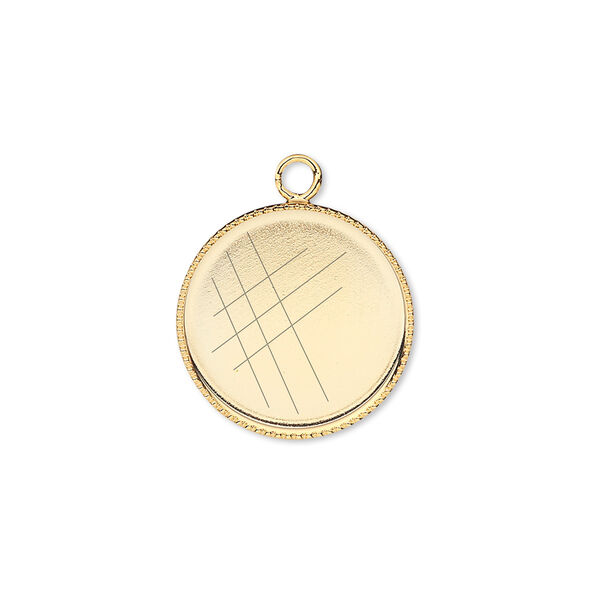 Drop, gold-plated brass, 17mm round with beaded edge and 16mm round bezel setting. Sold per pkg of 6. image number 0