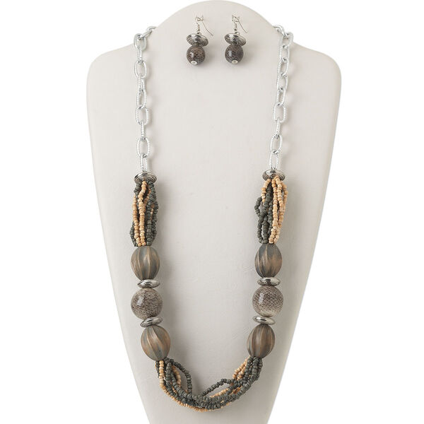 Necklace and earring set, sea krait snakeskin / gmelina wood / coconut palm tree wood (natural / dyed) / resin / silver-finished aluminum and steel, brown / green / grey, 30x20mm fluted oval, 32-inch continuous loop, 1-3/4 inch fishhook earrings. Sold per set. image number 0