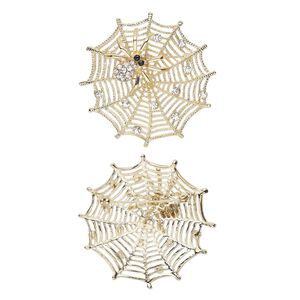 Brooch, glass rhinestone and gold-finished "pewter" (zinc-based alloy), clear and black, 58x58mm web with spider. Sold individually.