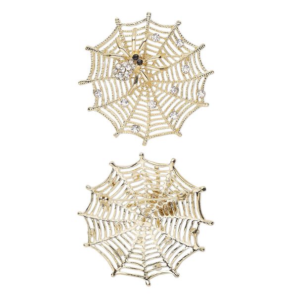 Brooch, glass rhinestone and gold-finished "pewter" (zinc-based alloy), clear and black, 58x58mm web with spider. Sold individually. image number 0