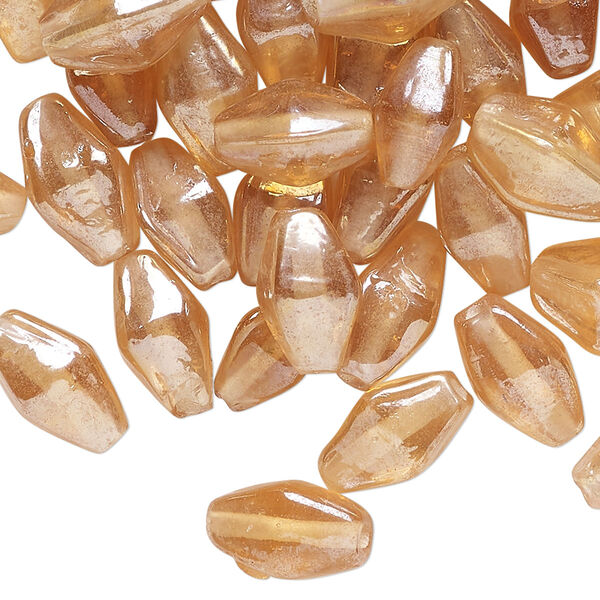 Bead, glass, translucent iridescent peach, 12x8mm-13x8mm double cone. Sold per 2-ounce pkg, approximately 80 beads. image number 0