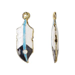 Focal, cloisonné, enamel and gold-finished brass, white / blue / dark blue, 31x11mm double-sided curved feather. Sold per pkg of 2.