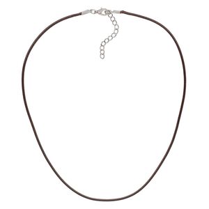 Necklace cord, imitation leather with imitation rhodium-finished steel and "pewter" (zinc-based alloy), brown, 2mm wide, 18 inches with 1-1/2 inch extender chain and lobster claw clasp. Sold per pkg of 10.