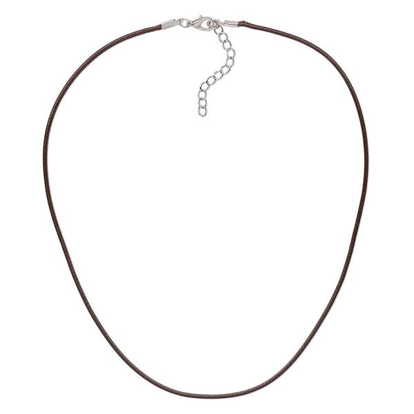 Necklace cord, imitation leather with imitation rhodium-finished steel and "pewter" (zinc-based alloy), brown, 2mm wide, 18 inches with 1-1/2 inch extender chain and lobster claw clasp. Sold per pkg of 10. image number 0
