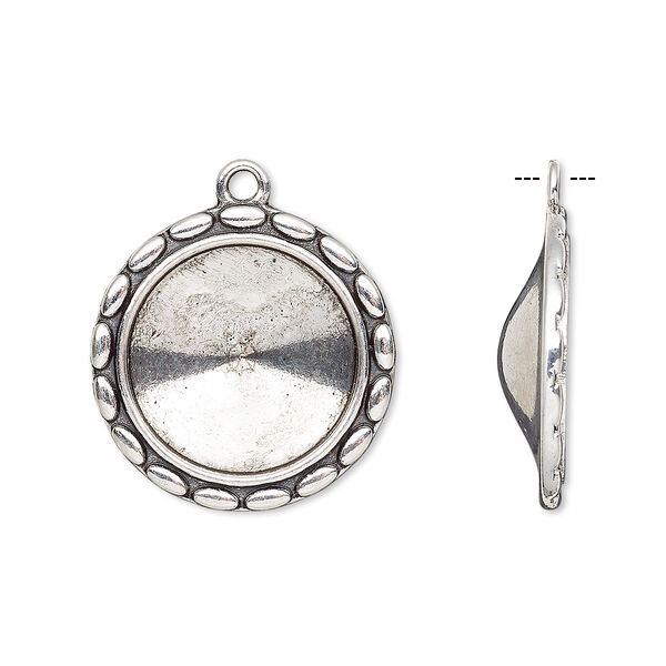 Drop, Almost Instant Jewelry®, antique silver-finished "pewter" (zinc-based alloy), 24mm round with scalloped design and 18mm rivoli setting. Sold per pkg of 6. image number 0