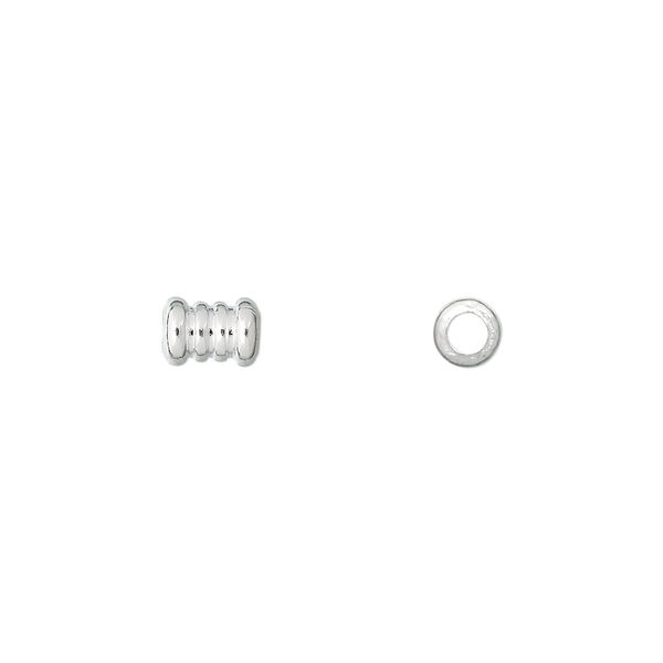 Bead, silver-plated brass, 6.5x4.5mm ribbed tube. Sold per pkg of 100. image number 0