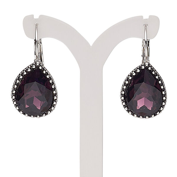 Earring, glass with silver-plated brass and "pewter" (zinc-based alloy), amethyst purple, 34mm with teardrop and leverback ear wire. Sold per pair. image number 0