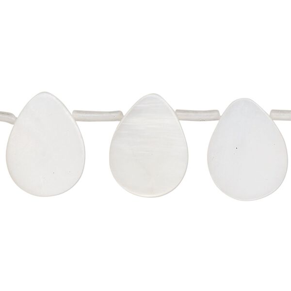 Bead, mother-of-pearl shell (bleached), white, 16x7mm-16x9mm top-drilled flat teardrop, Mohs hardness 3-1/2. Sold per 14-inch strand, approximately 20 beads. image number 0