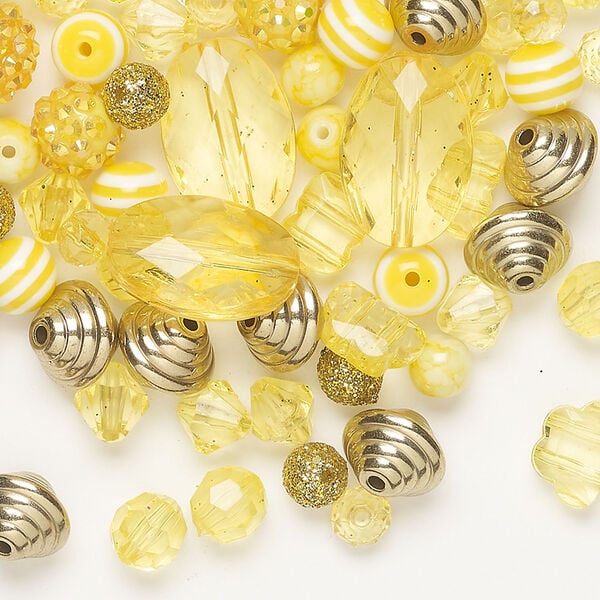 Bead mix 1pkg96, acrylic, yellow / white / gold, 8x6mm-24x17mm mixed shapes with glitter. image number 0