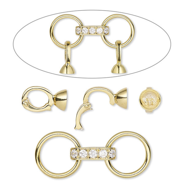 Connector, cubic zirconia and "vermeil," clear, 28x19.5mm with 11x6mm hinged bead hanger and 6mm cup, fits up to 6mm bead. Sold individually. image number 0
