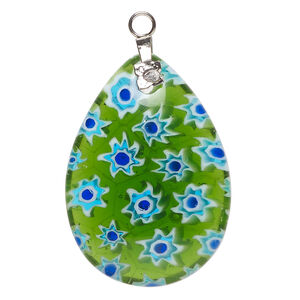 Focal, millefiori glass and silver-finished steel 1pkg1, translucent green / cobalt blue / white, 34x24mm-35x25mm puffed teardrop.