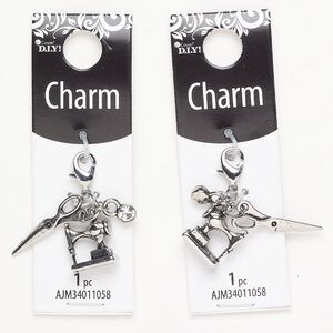 Charm 1pkg2 brass / steel / glass rhinestone, mixed sizes / mixed shapes / lobster claw clasp, antique silver finish / clear