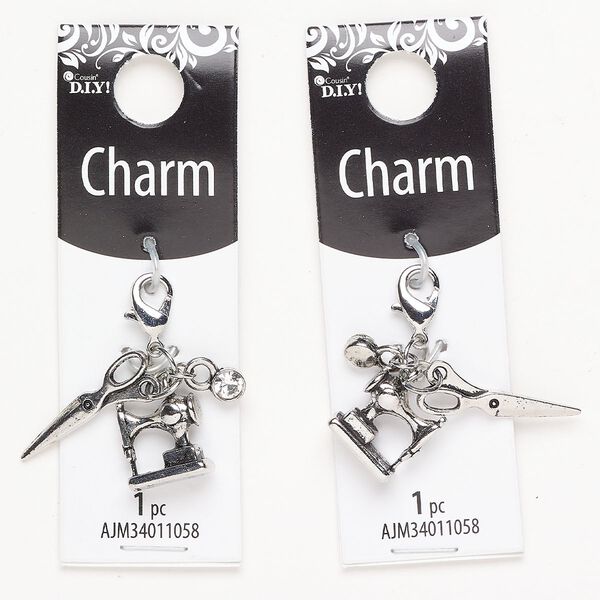 Charm 1pkg2 brass / steel / glass rhinestone, mixed sizes / mixed shapes / lobster claw clasp, antique silver finish / clear image number 0