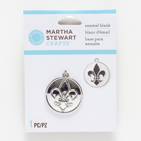 Drop, silver-finished "pewter" (zinc-based alloy), 27mm round enamel blank with fleur-de-lis design. Sold individually. image number 0
