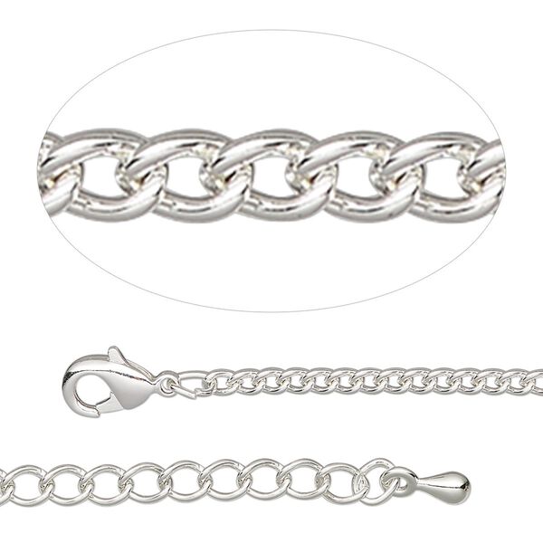Chain, silver-plated steel and brass, 2.2mm curb, 18 inches with 2-inch extender chain and lobster claw clasp. Sold individually. image number 0