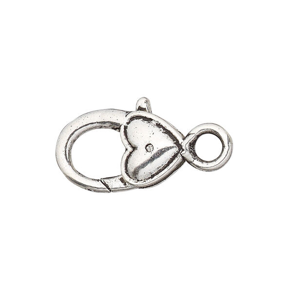 Clasp, lobster claw, antique silver-plated "pewter" (zinc-based alloy), 21x12.5mm with double-sided smooth heart design. Sold per pkg of 6. image number 0
