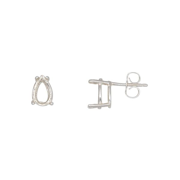 Earstud 1pkg2 Sure-Set™ sterling silver, 8x5mm pear pre-notched 4-prong basket-style setting / earnuts, 1 pair image number 0
