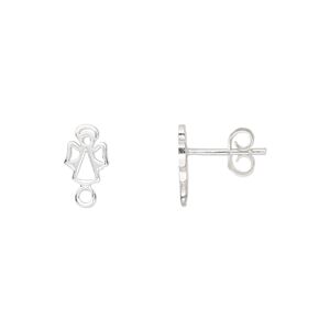 Earstud 1pkg2 sterling silver, 8x6mm open angel / closed loop / earnuts, 1 pair