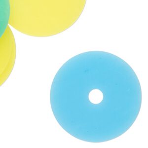 Component mix, acrylic, translucent neon blue and neon yellow, 29mm round donut and flat round. Sold per pkg of 12.