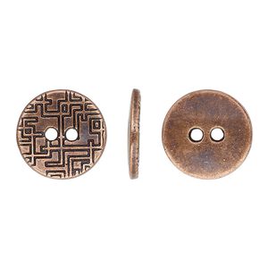 Button, antique copper-plated "pewter" (zinc-based alloy), 15mm single-sided flat round with geometric design. Sold per pkg of 20.