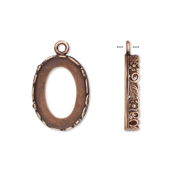 Drop, JBB Findings, antique copper-plated brass, 20x15mm oval with open back and flower and leaf design trim, 18x13mm oval bezel setting. Sold per pkg of 2. image number 0