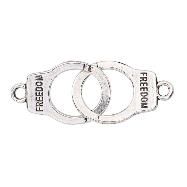 Link, antique silver-finished "pewter" (zinc-based alloy), 35x15mm double-sided handcuff with "Freedom." Sold per pkg of 2. image number 0