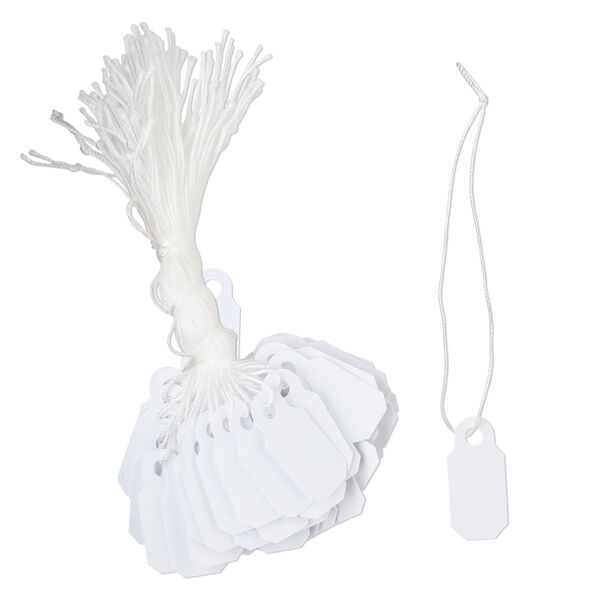 Tag, plastic and string, white, 4/5 x 2/5 inch. Sold per pkg of 100. image number 0