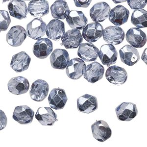 Bead 1pkg60 Czech fire-polished glass, 6mm faceted round, opaque half-coated metallic lilac